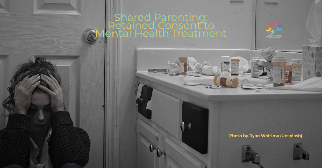 teenager with hands on head sitting on bathroom floor drugs on counter. Shared parenting retained consent mental health treatment
