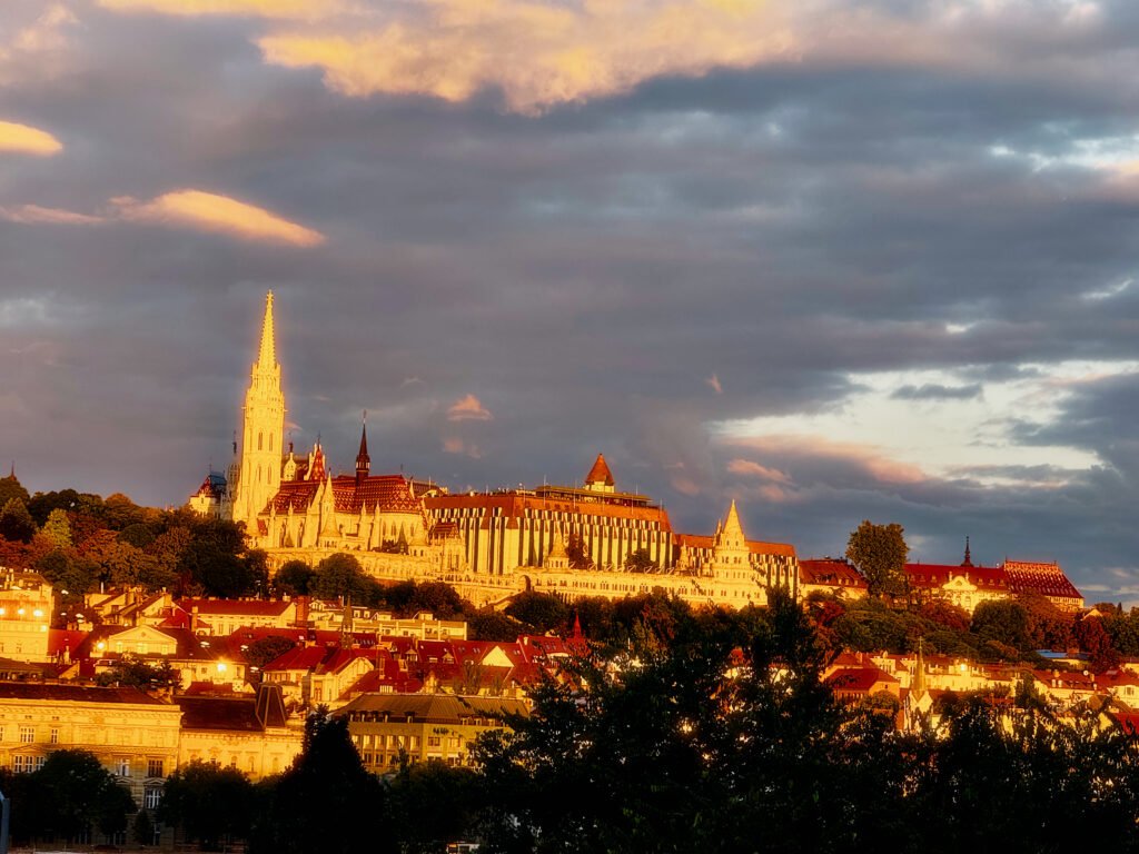 Budapest sunset Matthias Church Buda Castle at dusk.